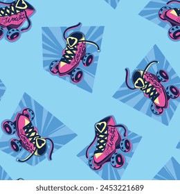 Seamless pattern Pair of vintage roller skates 80s style. Sketch style girlish roller skates print. Comics style shoes