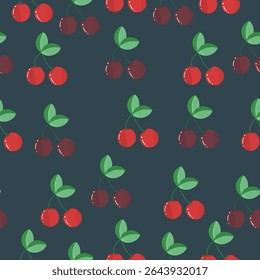 Seamless pattern with paired cherries in warm red and burgundy shades, green leaves, and dark blue background. Minimal cartoon style—great for fabric, packaging, or stationery