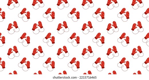 Seamless pattern with pairs of red knitted mittens with hearts. Cozy woolen gloves background. Winter, Christmas or New Year design for scrapbooking or wrapping paper. Vector flat illustration