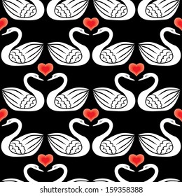 Seamless pattern with pairs swan and hearts on black background