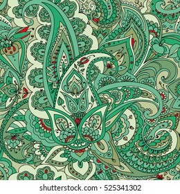 Seamless pattern of "Paisley" based on traditional oriental patterns. Vintage style. Green, red