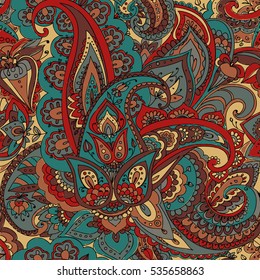 Seamless pattern of "Paisley" based on traditional oriental patterns. Hand drawing. Vintage style. Muted colors: blue, gray, burgundy