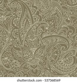 Seamless pattern of "Paisley" based on traditional oriental patterns. Hand drawing. Vintage style. Linear drawing. Ochre
