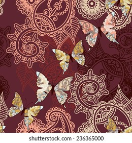 seamless pattern with paisley and butterfly