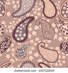 Seamless pattern with Paisley. Colorful patchwork background. Pattern with filigree oriental ornaments. Vector illustration.
