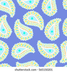 Seamless pattern of paisley, ethnic symbol. Boho, ethnic indian trendy style. Pastel white and blue colors background.