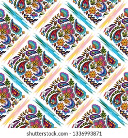 Seamless pattern with paisley and fantasy abstract flowers and elements. Bright colored hand drawn background