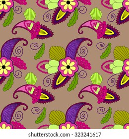 seamless pattern with paisley and flowers in bright colors on dirty-pink background. Vector EPS8