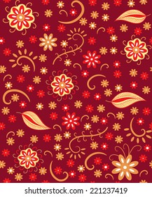 Seamless, pattern  of paisley flowers and leaves on a red  background, vector illustration