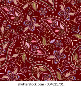 Seamless pattern with paisley and flowers. Vector background.