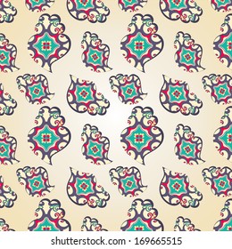Seamless pattern with paisley and flowers. Wrapping paper for valentine's day. Vector illustration.