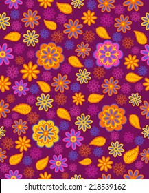 Seamless, pattern  paisley flowes and leaves on a lilac  background, vector illustration