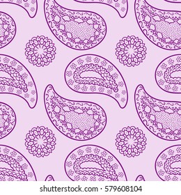 Seamless pattern with paisley. Hand drawn ornament. Doodle background with floral elements. 