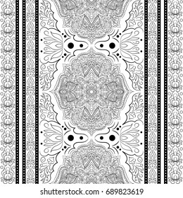 Seamless pattern. Paisley. Hand drawn background. Indian motif ornament, vector. Black and white line art ethnic floral design. Adult coloring book.