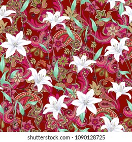 Seamless pattern with paisley and lilies 