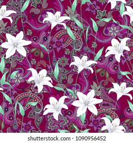 Seamless pattern with paisley and lilies 