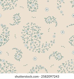 Seamless pattern with Paisley motifs filled with ditsy flowers. Traditional indian floral repeat design. Mughal boho background