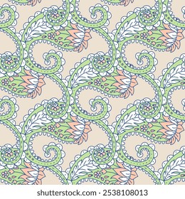 Seamless pattern with Paisley motifs on beige background. Traditional indian repeat design.