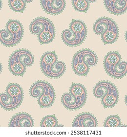 Seamless pattern with Paisley motifs on beige background. Traditional indian repeat design.