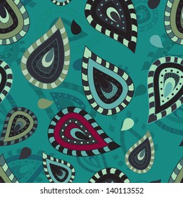 Seamless pattern with paisley ornament in cyan, blue and red color