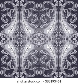 Seamless pattern with paisley ornament in grey colors. Background in Eastern style. Ornamental lace tracery. Ornate floral decor for wallpaper. Vector illustration