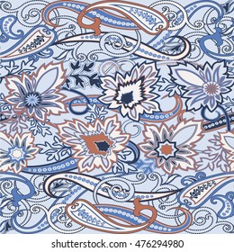 Seamless pattern with paisley ornament. Multicolor background in Eastern style. Ornate floral decor for wallpaper. Vector illustration