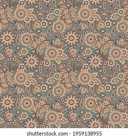 Seamless pattern with paisley ornament. Ornate floral decor for fabric. Vector illustration