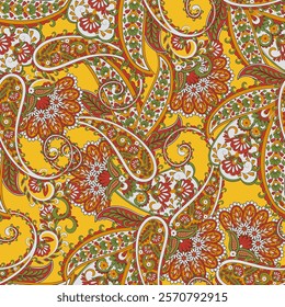 Seamless pattern with paisley ornament. Ornate floral decor for fabric. Vector illustration