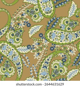 Padrão sem costura com ornamento paisley. Decoração floral ornamentada para tecido. Ilustração vetorial