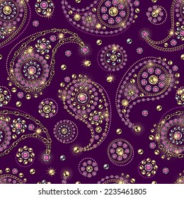 Seamless pattern with paisley ornament, round jewelry elements in vintage style. Magenta background. Vector illustration. Good for clothing, apparel, fabric, textile, surface design.