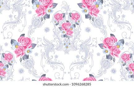 Patrón sin fisuras con paisley y rosas en estilo victoriano