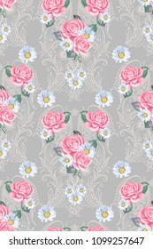 Seamless pattern with paisley and roses in Victorian style