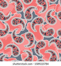 Seamless pattern in paisley style. Floral print for textiles in gray-pink colors. Vector illustration.