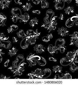 Seamless pattern in paisley style. The white contours of the Tutetsk cucumbers are placed on a black background. Vector illustration.