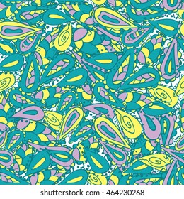Seamless pattern with paisley variation. Hand drawn buta. Decorative cucumber elements. Bright shades. Usable for wrapping, textile, paper.