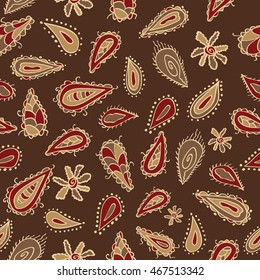 Seamless pattern with paisley variation. Hand drawn buta. Decorative cucumber elements. Dark deep shades. Usable for wrapping, textile, paper.