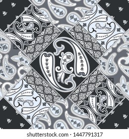 Seamless pattern with paisleys for textile design. Patchwork background  . Oriental ornament motifs. Floral filigree texture. Grey colors ornaments. Traditional ethnic arabian design. 
