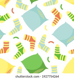 Seamless pattern for a pajama party in cartoon style. Vector illustration with pillows and socks for wallpaper, poster, invitation. Perfect for a home clothing store or for a pajama party