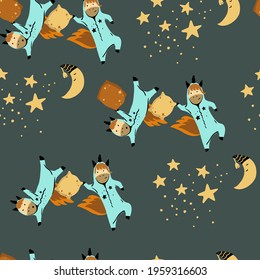 Seamless pattern pajama party with unicorns, unicorns in pajamas, funny unicorns, pillow fight, cartoon characters, night pattern