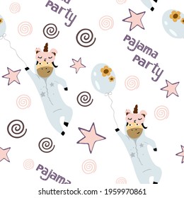 Seamless pattern pajama party with unicorns, unicorns in pajamas, funny unicorns, fly away on balls