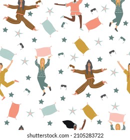 Seamless pattern for pajamas, bed linen or sleep masks. Vector illustration of girls in cute pajamas at a pajama party. 