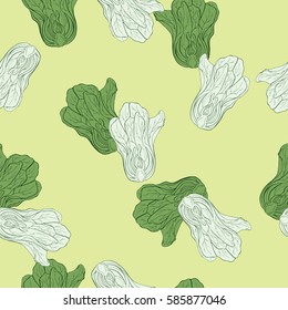 Seamless pattern with pak choi sketch on pastel yellow background. Hand drawn vector illustration.