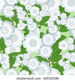 seamless pattern of pale blue flowers on light green background vector illustration.Flowering plants for wrapping paper. Gentle garden branch with flowers stock vector
