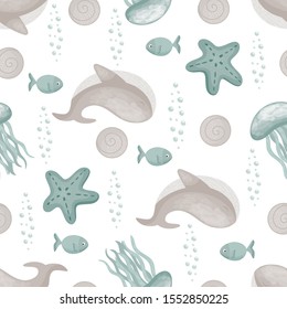 Seamless pattern with pale blue and ivory sea creatures whale, starfish, jellyfish, seashell. Nordic scandinavian style vector illustration background ideal for textile