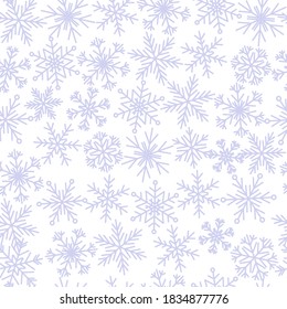 Patrón sin foco con copos de nieve azul pálido en blanco - fondo de invierno natural para Navidad y Año Nuevo