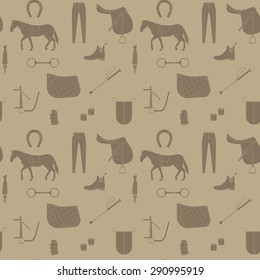 Seamless pattern in pale brown colors with horse riding elements