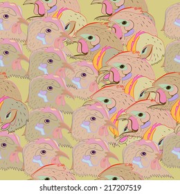 Seamless pattern of pale  chicken heads in a pale yellow background. Handmade.