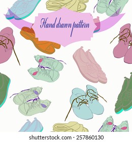 Seamless pattern of pale colored shoe, label on a white     background. Hand drawn.