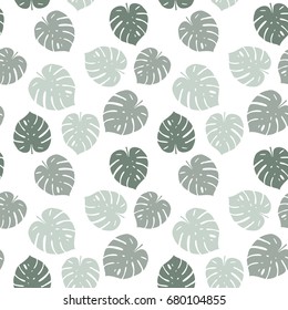 Seamless Pattern with pale Green Monstera tropical leaf on white background. Modern vector illustration. Fabric texture.