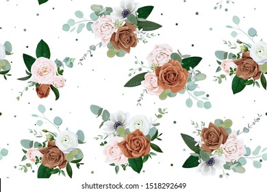 Seamless pattern with pale pink and brown roses 